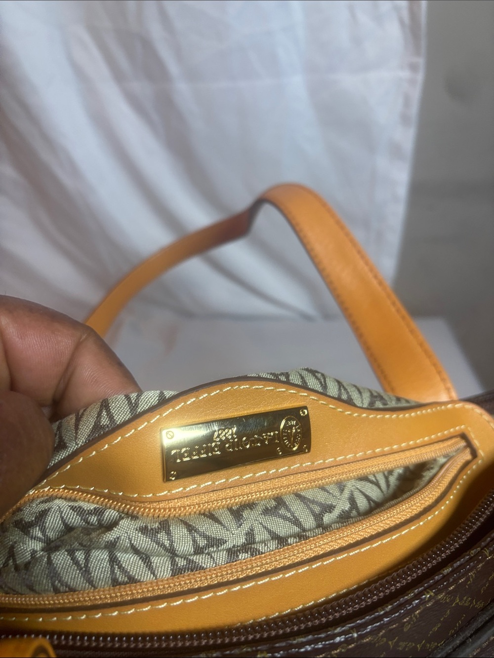 Michael Kors Brown Monogram Shoulder Bag with Tan Leather Trim and Gold Plaque